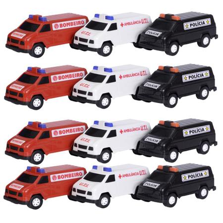 Imagem de Kit 48 Carros Carrinho Furgão Brinquedo Polícia Ambulância Bombeiro Doação Atacado
