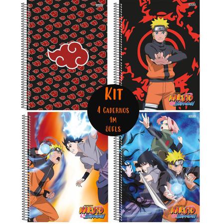 Kit 4un Caderno Naruto Uzumaki Espiral 1m 80fls Capa Dura