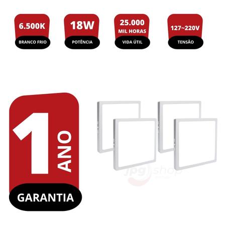 Imagem de Kit 4X Plafon Painel Led 18w Branco Frio Quadrado Sobrepor