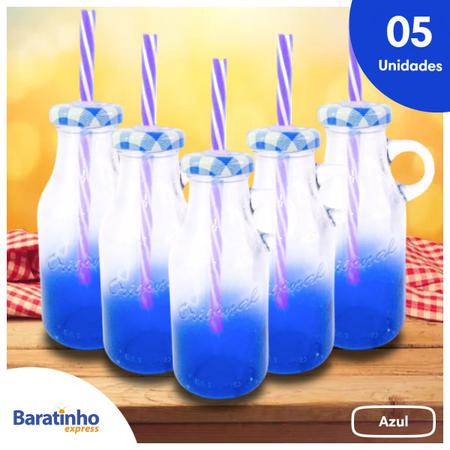 Imagem de Kit 5 Caneca De Vidro Com Canudo 250ml Azul Retrô Drink