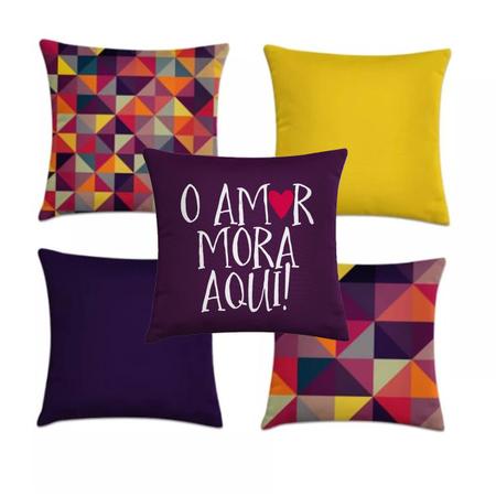 Imagem de kit 5 capas de almofadas geométrica roxo e amarelo