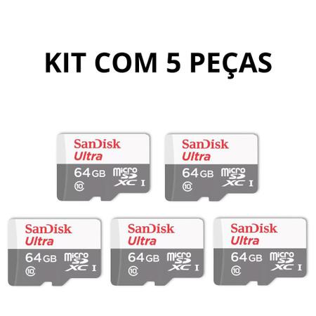 Imagem de Kit 5 Cartão Memória Micro SD Sandisk 64GB Classe 10 Ultra