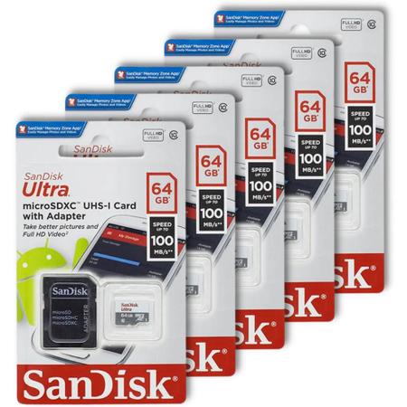 Imagem de Kit 5 Cartão Memória Micro SD Sandisk 64GB Classe 10 Ultra