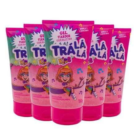 Imagem de Kit 5 Gel Capilar Trá Lá Lá Kids com Glitter Rosa Sem Álcool Modela e Condiciona Infantil Todos os Tipos de Cabelo 150g
