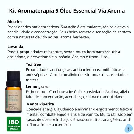 Imagem de Kit 5 Óleo Essencial Via Aroma Melaleuca, Lavanda, Menta Piperita, Alecrim e Lemongrass 