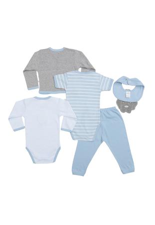 Imagem de Kit 5 peças body, calça, casaco e babador Best Club Baby azul e cinza com bordado cachorro