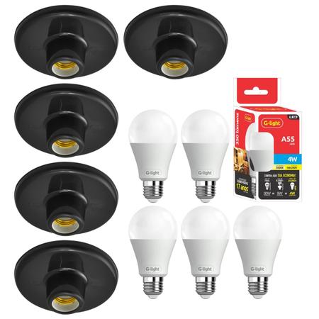 Imagem de Kit 5 Plafonier Plafon Soquete E27 Preto Com 5 Lâmpada Led 4W Autovolt Cor Da Luz Amarela P/ Sala Quarto Cozinha