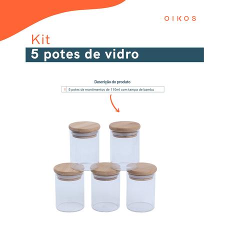 Imagem de Kit 5 potes de vidro herméticos com tampa de bambu 110ml - Oikos