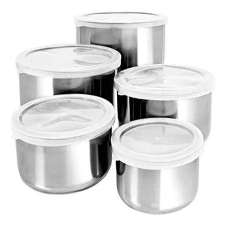 Imagem de Kit 5 potes tigelas inox guarda alimento bowl saladeira jogo vasilha com tampa hermetico aluminio