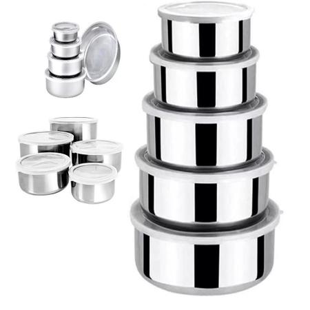 Imagem de Kit 5 potes tigelas inox guarda alimento bowl saladeira jogo vasilha com tampa hermetico aluminio