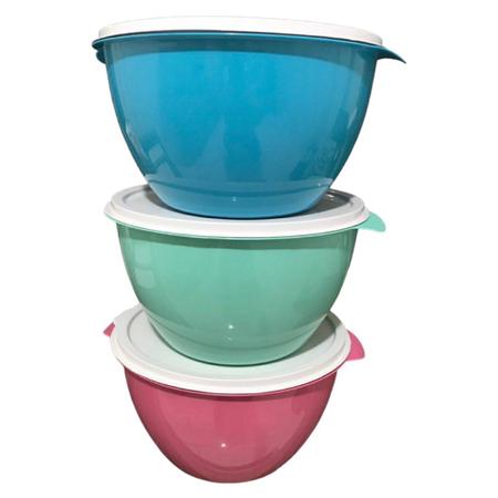 Imagem de kit 5 saladeiras 3 litros coloridas com tampa branca