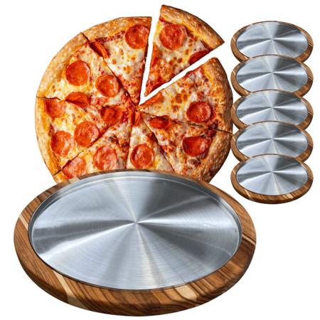 Imagem de Kit 5 Suportes Bandeja Com Formas De Alumínio 40Cm Para Cortar E Servir Pizza