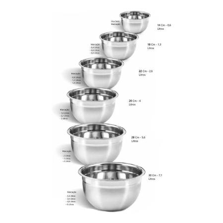 Imagem de Kit 5 Tigela Bowl Aço Inox 30, 28 , 26, 22 E 18Cm