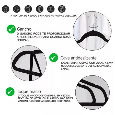 Kit 50 Cabides Veludo De Roupa Antideslizante Slim Adulto Cor Preto