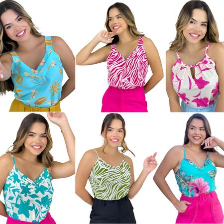 Kit 6 Blusa moda feminina de alcinha estampada arejada verão