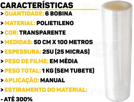 Imagem de Kit 6 Bobinas Rolo Filme Stretch 50cm 25mic Virgem 1kg