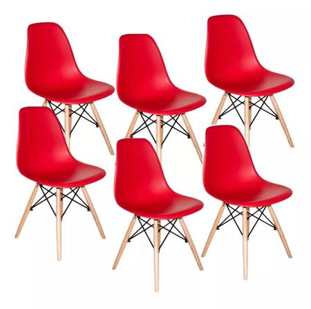 Imagem de Kit 6 Cadeiras Charles Eames Eiffel Vermelha Base Madeira Sala Cozinha Jantar