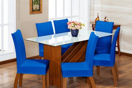 Imagem de Kit 6 Capas de Cadeira Azul pra 6 Lugares Lisa Cozinha - Malha Gel