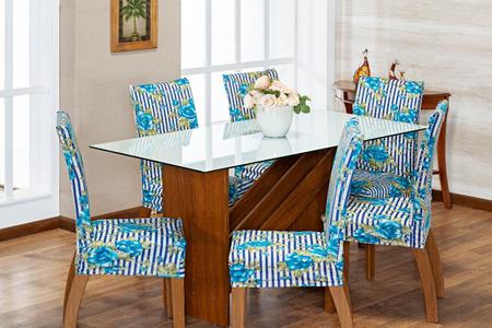 Imagem de Kit 6 Capas Para Cadeira Jantar Malha Com Elástico Estampada 03 Azul