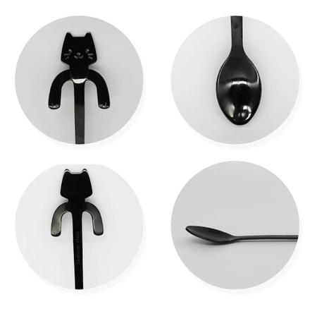 Imagem de Kit 6 Colheres De Café Gato Infantil Em Aço Inox Preto Gatinho