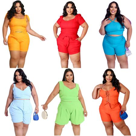 Kit 6 Conjunto mulher moda plus size liso blusinha e short