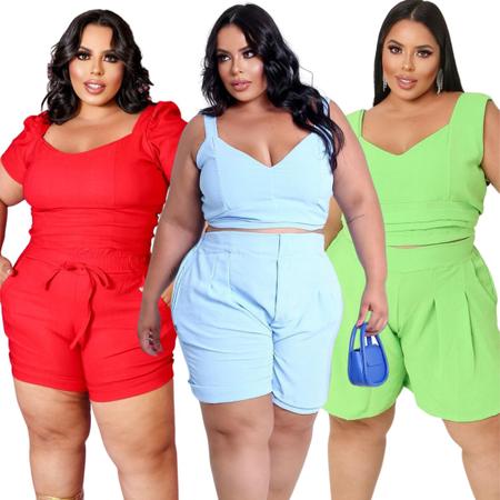 Kit 6 Conjunto mulher moda plus size liso blusinha e short