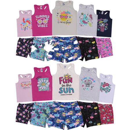 Imagem de Kit 6 Conjuntos de Menina Peças de Calor Verão Em Algodão Moda Infantil Regatas e Shorts