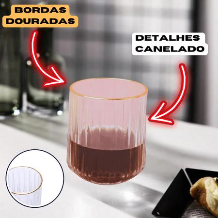 Imagem de Kit 6 Copo De Vidro Borda Dourada 310ml Design Canelado P/Bebidas Finas Drinks