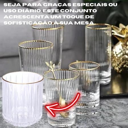 Imagem de Kit 6 Copo De Vidro Borda Dourada 310ml Design Canelado P/Bebidas Finas Drinks