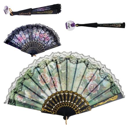 Imagem de Kit 6 Leques Japonês Oriental Tecido Floral Com Renda