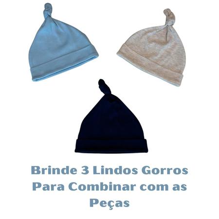 Imagem de Kit 6 Macacão Bebê Menino Plush, Algodão + Gorros