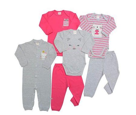 Imagem de Kit 6 peças macacão, body e calça Best Club Baby pink e cinza claro com bordado gato
