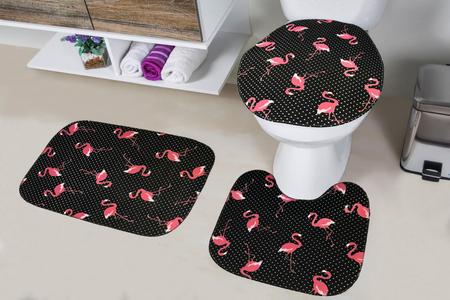 Imagem de Kit 6 Peças Tapete Banheiro 2 Jogos Completos Preto Flamingo