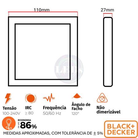 Imagem de Kit 6 Plafon Quadrado Sobrepor 6w Preto Branco Quente 3000K