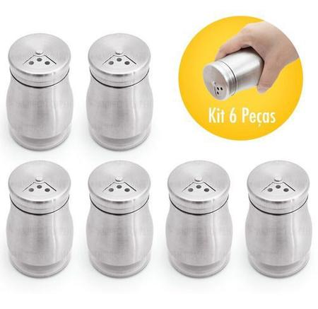 Imagem de Kit 6 Potes Porta Temperos Aço Inox Em Vidro - Tampa Seletora de Furo