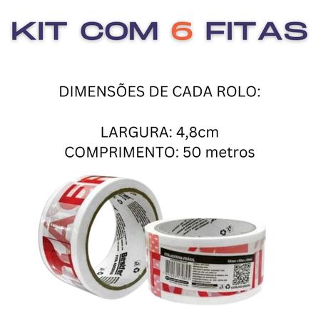 Imagem de Kit 6 Rolo Fita Adesiva Impressa Cuidado Frágil 48 mm x 50 M Branca Metros Sinalização Segurança Empacotamento Caixa