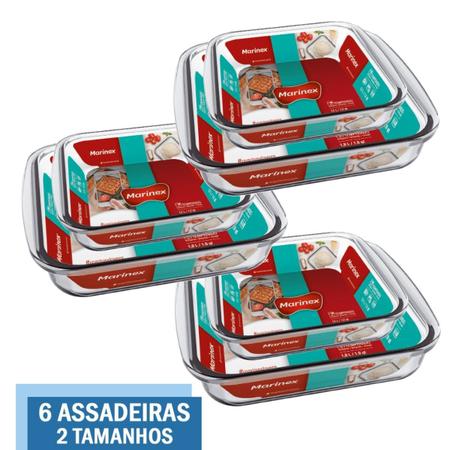 Imagem de Kit 6 Travessas Assadeira Vidro 2 Tamanhos 1,1L 1,8L Marinex