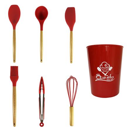 Imagem de Kit 7 Pçs Utensílios de Cozinha Silicone Cabo Madeira Colors