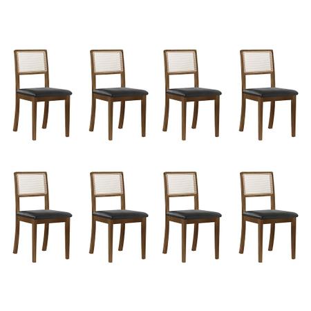 Imagem de Kit 8 Cadeiras de Jantar Madeira Maciça Imbuia Encosto Telinha Palha Estofada Couro Pu Preto Rubi