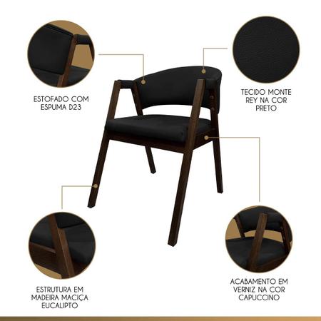 Imagem de Kit 8 Cadeiras Estofadas para Mesa de Jantar Ravena em Madeira Capuccino Preto CCS