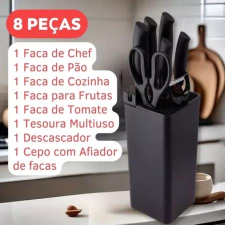 Imagem de Kit 8 Peças Jogo De Facas Inox AntiAderente Cozinha Churrasco Descascador