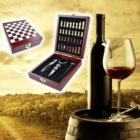 Kit Abridor de Vinhos 4 Pcs Com Maleta Tabuleiro Mini Xadrez