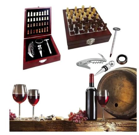 Kit Abridor de Vinhos 4 Pcs Com Maleta Tabuleiro Mini Xadrez