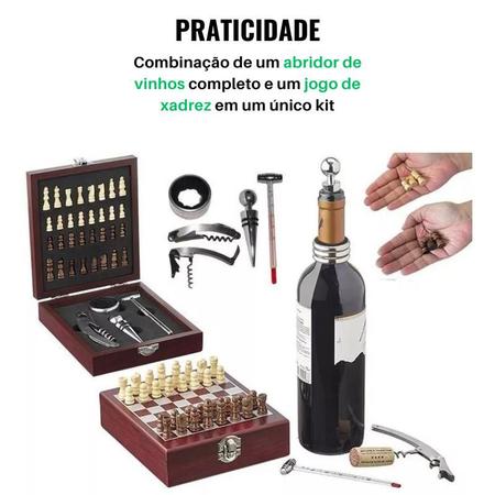 Kit Acessórios Vinho Com Jogo Xadrez 2 em 1 Presentes Criativos Aniversário  Dia Dos Pais Mães Abridor Saca Rolha Termômetro Tampa Estojo - UnyHome -  Bar e Acessórios - Magazine Luiza