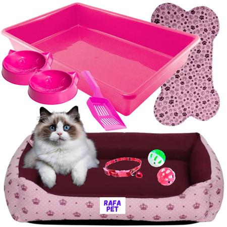 Imagem de Kit Acessórios para Gato Caminha de Gato + Caixa de Areia + Coleira + Bebedouro Gato + Comedouro Gato