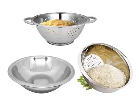 Imagem de Kit Aço Inox 3 peças Escorredor de Macarrão, Arroz e Saladeira 24cm - Mundial Import