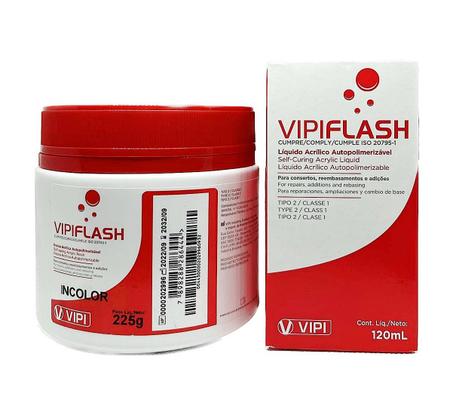 Imagem de Kit Acrílico Vipi Flash Pó 225g Incolor + Líquido 120ml Resina Reparos Gerais Odonto Prótese