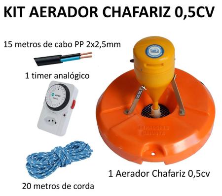 Imagem de Kit Aerador Chafariz para Piscicultura 0,5cv - Timer Cabo Corda