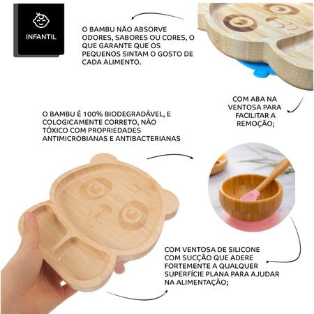 Imagem de Kit Alimentação Bebê Prato Ursinho Bowl E Talheres Em Bambu Silicone