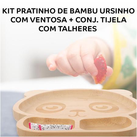 Imagem de Kit Alimentação Bebê Prato Ursinho Bowl E Talheres Em Bambu Silicone